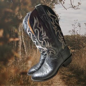 Vintage Nocona Black  Boots w/Silver Flame Stitch Embroidery Men's Size 8.5E